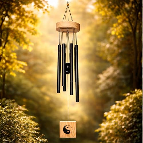 Plus Value Feng Shui Wind Chime Hanging Bells 8 Pipes Rods for Attracting Positive Vibrations Energy Home Office Balcony Living Room Bedroom Garden & Outdoors (Aluminium Metal, Black) Windchimes - Image 1