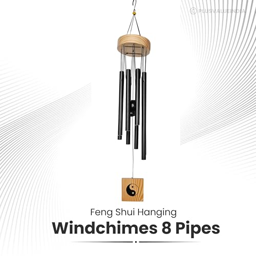 Plus Value Feng Shui Wind Chime Hanging Bells 8 Pipes Rods for Attracting Positive Vibrations Energy Home Office Balcony Living Room Bedroom Garden & Outdoors (Aluminium Metal, Black) Windchimes - Image 3