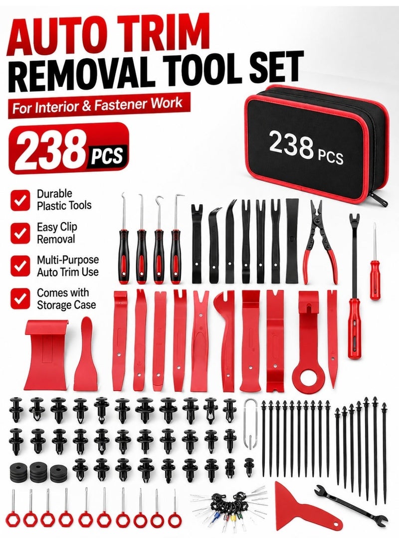 238PCS Trim Removal Tool Kit, Auto Pry Tool Set for Door Panel, Dashboard, Radio & Bumper Clips - Non-Scratch Fastener Remover with Storage Bag for Car Interior & Exterior Repair - Image 1