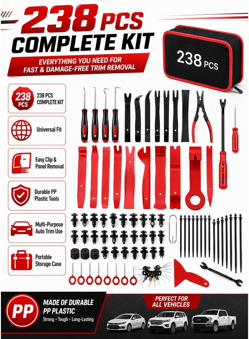 238PCS Trim Removal Tool Kit, Auto Pry Tool Set for Door Panel, Dashboard, Radio & Bumper Clips - Non-Scratch Fastener Remover with Storage Bag for Car Interior & Exterior Repair - Image 2