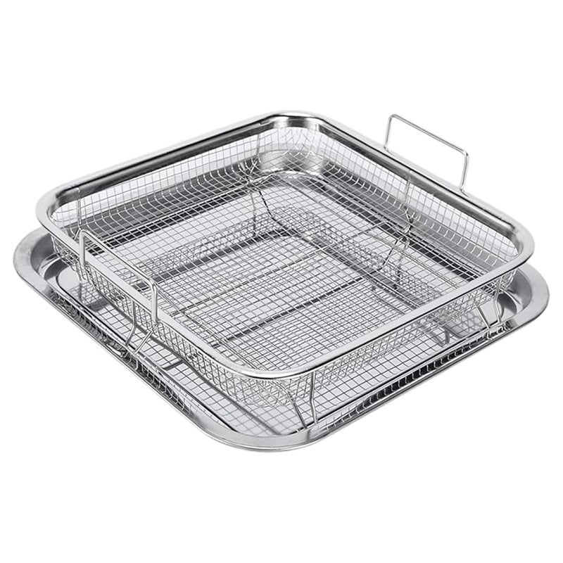 SHREESAMP سلة قلي الهواء مع صينية مصنوعة من الفولاذ المقاوم للصدأ سلة التحمير الكبيرة المربعة لشوي الدجاج 2 قطعة سلة قلي الهواء وصينية الطهي مع سلة طهي البطاطس المقلية - Image 1