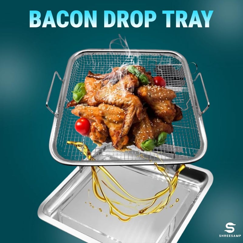 SHREESAMP سلة قلي الهواء مع صينية مصنوعة من الفولاذ المقاوم للصدأ سلة التحمير الكبيرة المربعة لشوي الدجاج 2 قطعة سلة قلي الهواء وصينية الطهي مع سلة طهي البطاطس المقلية - Image 3