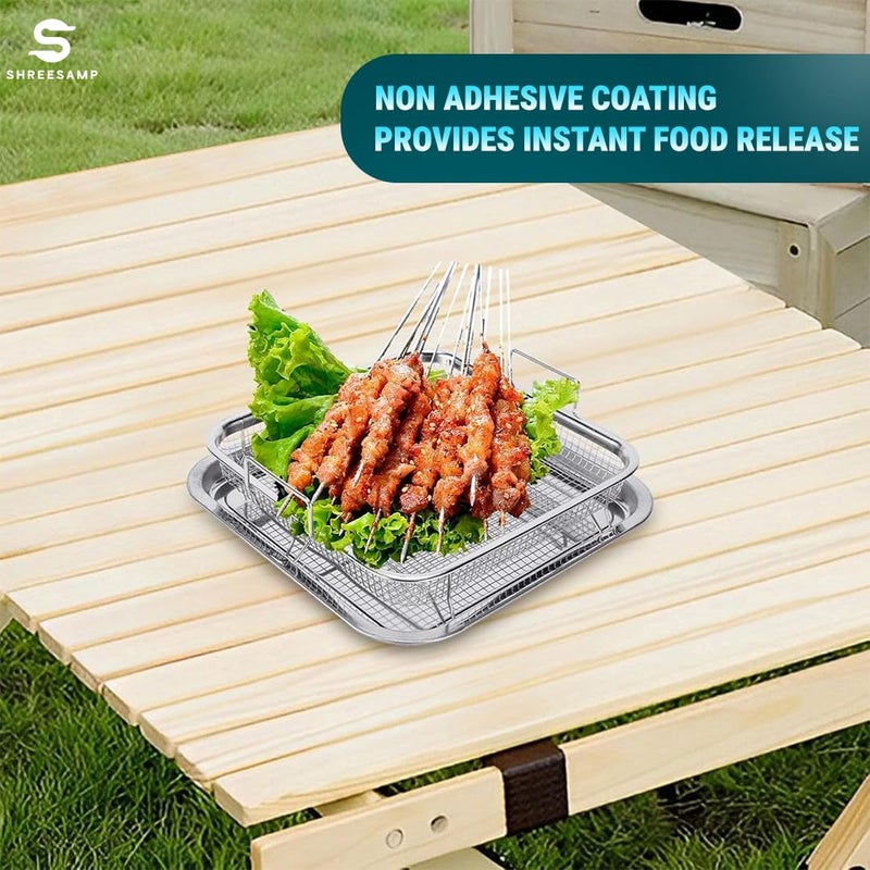 SHREESAMP سلة قلي الهواء مع صينية مصنوعة من الفولاذ المقاوم للصدأ سلة التحمير الكبيرة المربعة لشوي الدجاج 2 قطعة سلة قلي الهواء وصينية الطهي مع سلة طهي البطاطس المقلية - Image 4