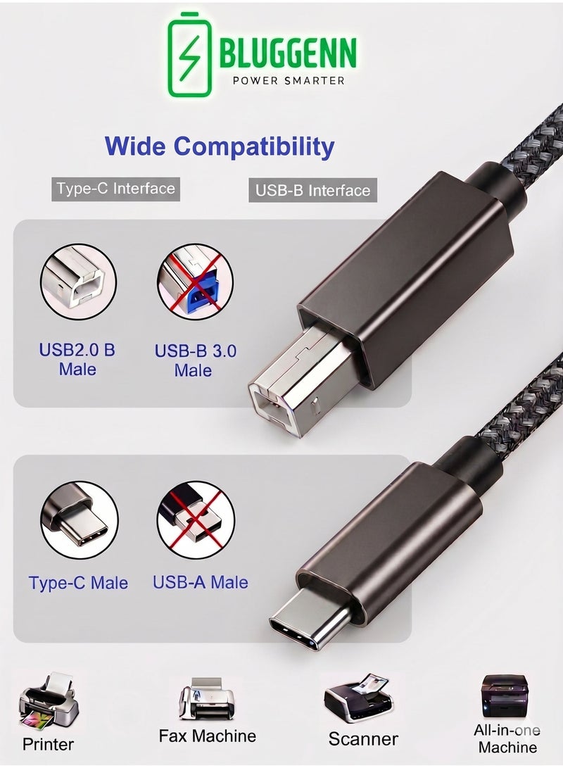بلجن كابل طابعة USB C عالي السرعة بتصميم نايلون مجدول – وصلة من USB Type-C إلى USB Type-B للطابعات والسكانر والفاكس – هيكل ألومنيوم متين ونقل بيانات 480Mbps - Image 1