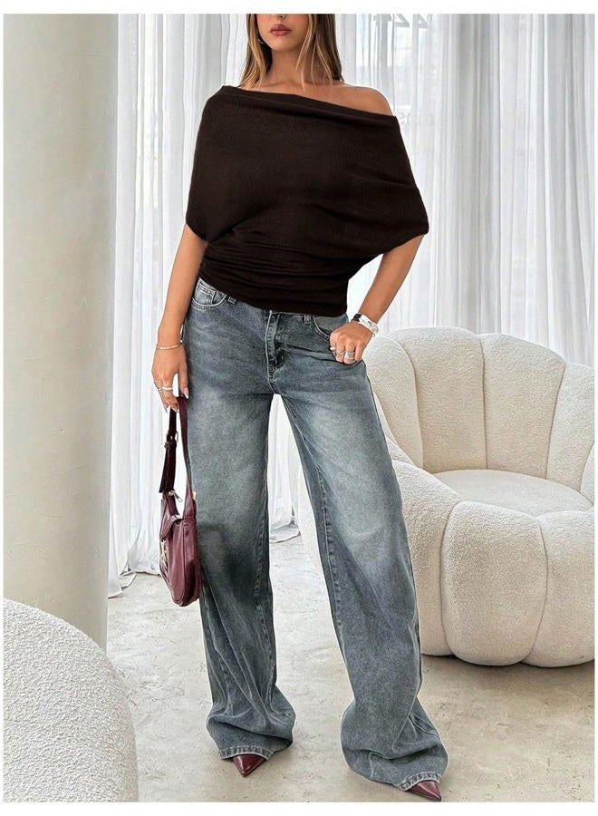 Shenhe Women's Off The Shoulder Sweater Short Sleeve Loose Fit Dressy Bat Wing Sweater Pullover, Coffee Brown, L - Image 5