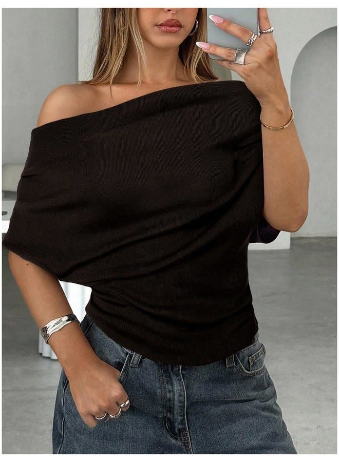 Shenhe Women's Off The Shoulder Sweater Short Sleeve Loose Fit Dressy Bat Wing Sweater Pullover, Coffee Brown, L - Image 3