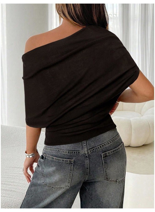 Shenhe Women's Off The Shoulder Sweater Short Sleeve Loose Fit Dressy Bat Wing Sweater Pullover, Coffee Brown, L - Image 2