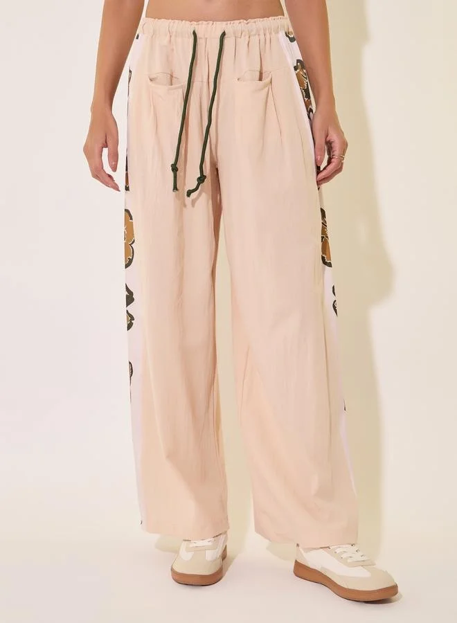 Take Two Butterfly Print Mid-Rise Wide-Leg Trousers with Drawstring