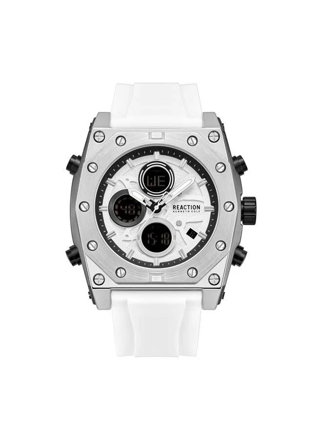 Kenneth Cole Reaction Silver Dial White Silicone Strap Analog-digital Watch for Men, 52.4mm