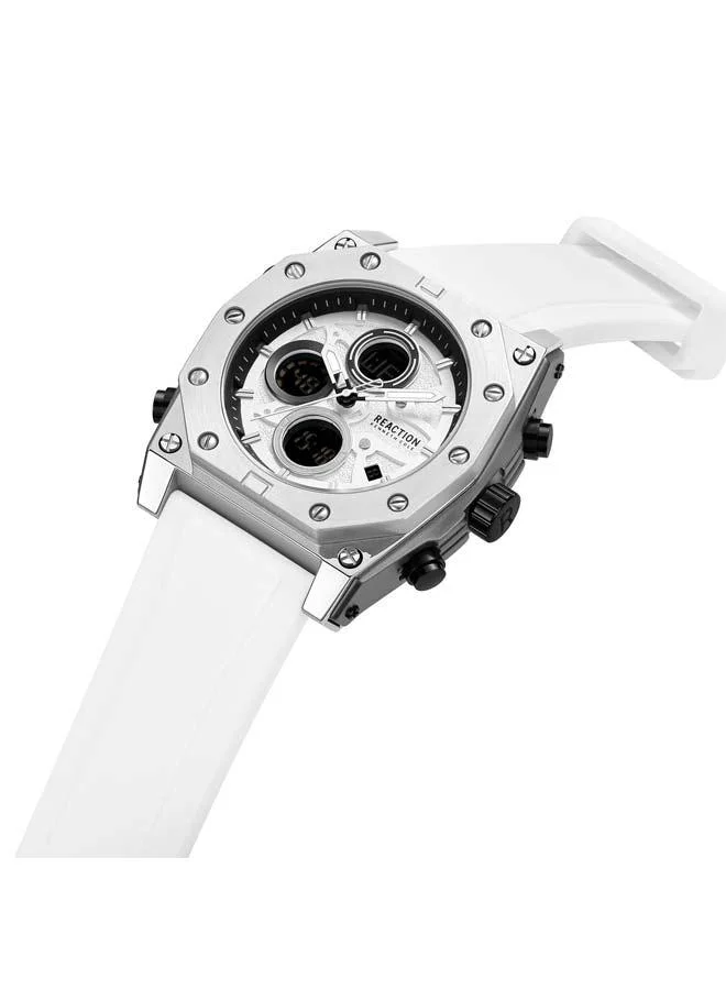 Kenneth Cole Reaction Silver Dial White Silicone Strap Analog-digital Watch for Men, 52.4mm