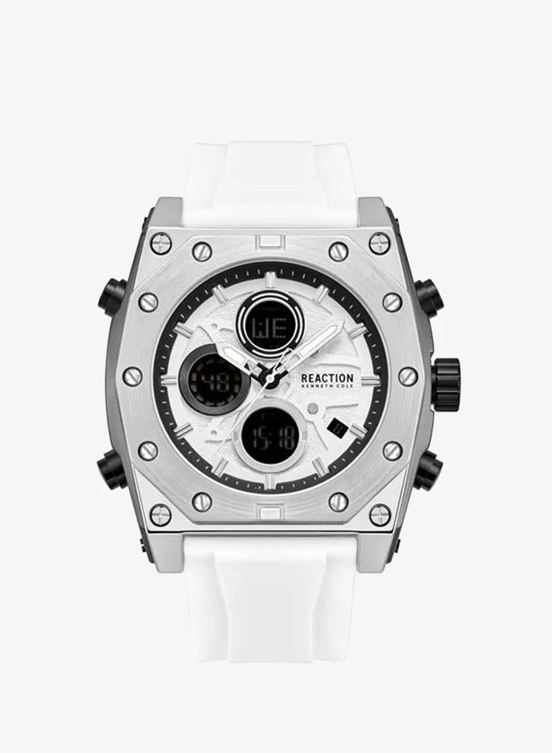 Kenneth Cole Reaction Silver Dial White Silicone Strap Analog-digital Watch for Men, 52.4mm
