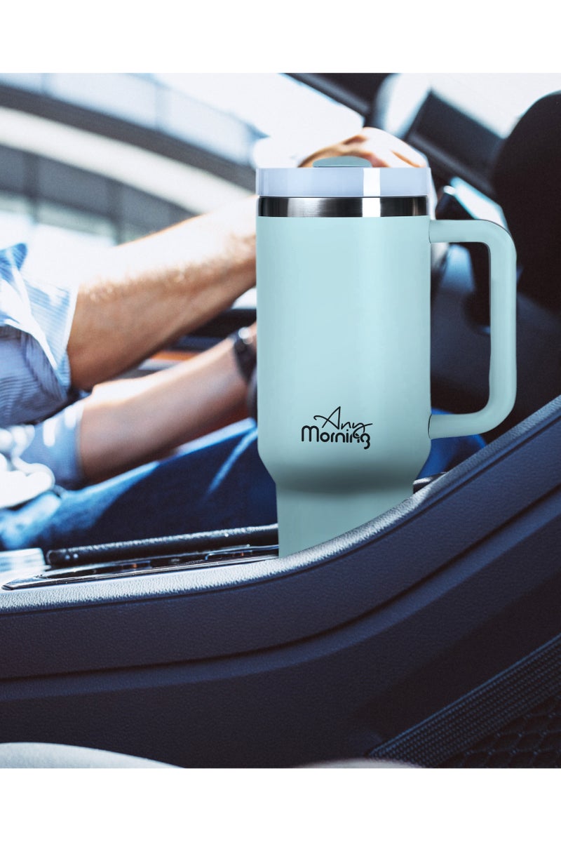 آني مورننغ كوب بغطاء محكم مانع للتسرب، بسعة 1200 مل مع عزل مفرغ، كوب قهوة كبير من الفولاذ المقاوم للصدأ مزدوج الطبقة، يحافظ على المشروبات ساخنة لمدة 9 ساعات وباردة لمدة 12 ساعة، يناسب حامل الأكواب في السيارة، تصميم أنيق يشبه الترمس. - Image 2