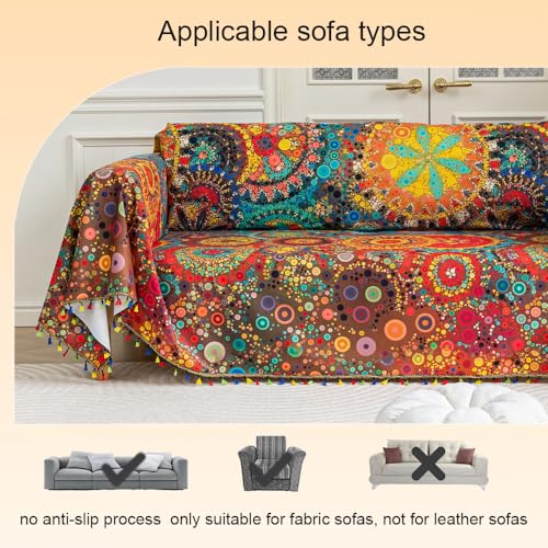 Erbnaryx Boho Couch Cover with Tassels, Washable 2-Seater Sectional Sofa Cover for Living Room(A7, 71"x102") - Image 5