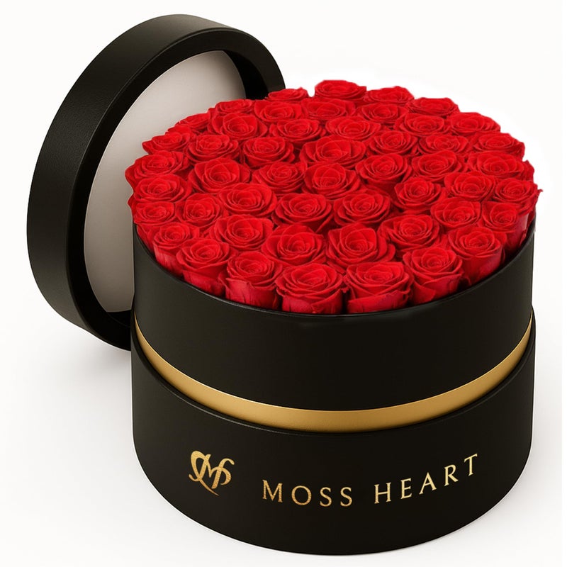 Moss Heart 50 Petite Preserved Roses Designer Round Box Real Forever Roses Last 1 Year Premium Gift for Women Wife Girlfriend Mothers Day Birthday Anniversary Valentines Day - Image 2