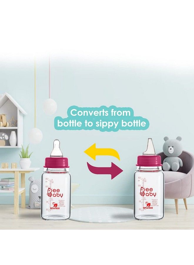 Beebaby Advance+ 2 In 1 Slim Neck Glass Feeding Bottle To Sippy Glass Bottle With Anti Colic Silicone Nipple & Silicone Sippy Spout. (125 Ml ; 4 Oz.) (Pink) 4 Months + - Image 3