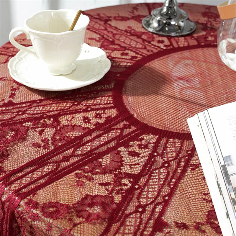 Fhberni Red Lace Tablecloth Embroidered Elegant Floral Patterns Table Cloth Round Overlay Table Cover for Wedding Party Holiday Long Dinner Home Decor(Round-60, Red) - Image 4