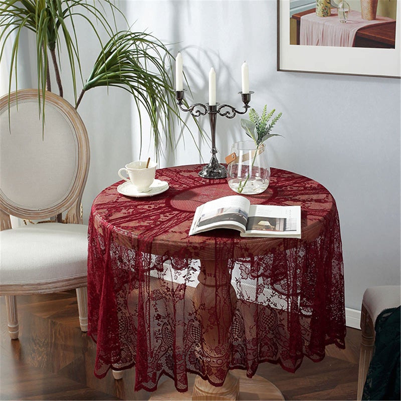 Fhberni Red Lace Tablecloth Embroidered Elegant Floral Patterns Table Cloth Round Overlay Table Cover for Wedding Party Holiday Long Dinner Home Decor(Round-60, Red) - Image 3