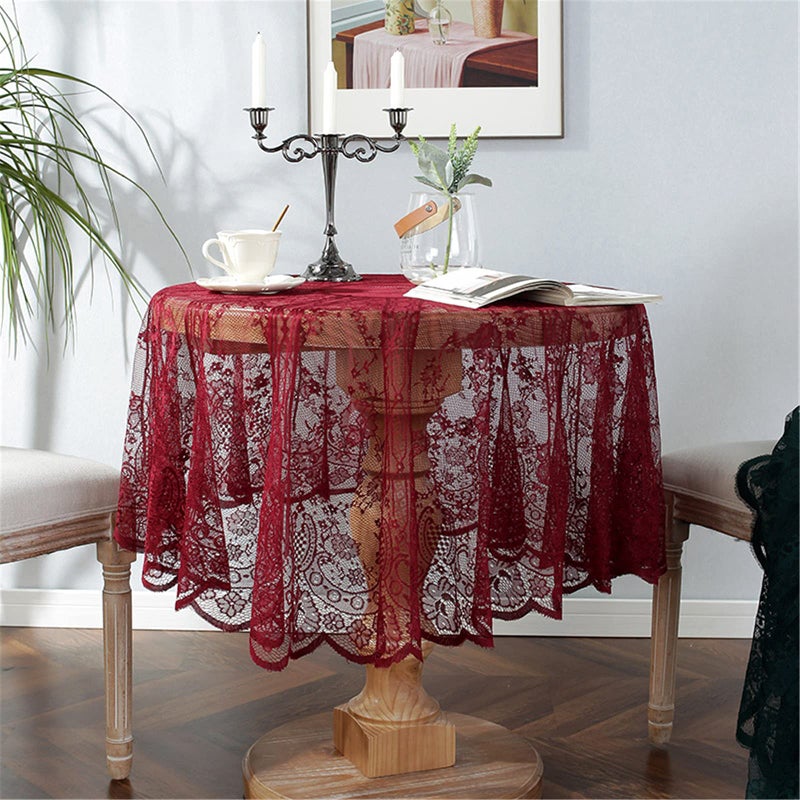 Fhberni Red Lace Tablecloth Embroidered Elegant Floral Patterns Table Cloth Round Overlay Table Cover for Wedding Party Holiday Long Dinner Home Decor(Round-60, Red) - Image 1