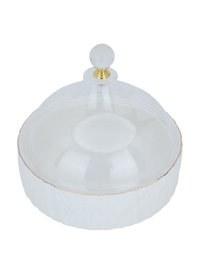 Alsaif Gallery A white porcelain circular dessert dish engraved with a golden script with an acrylic cover  - Image 2