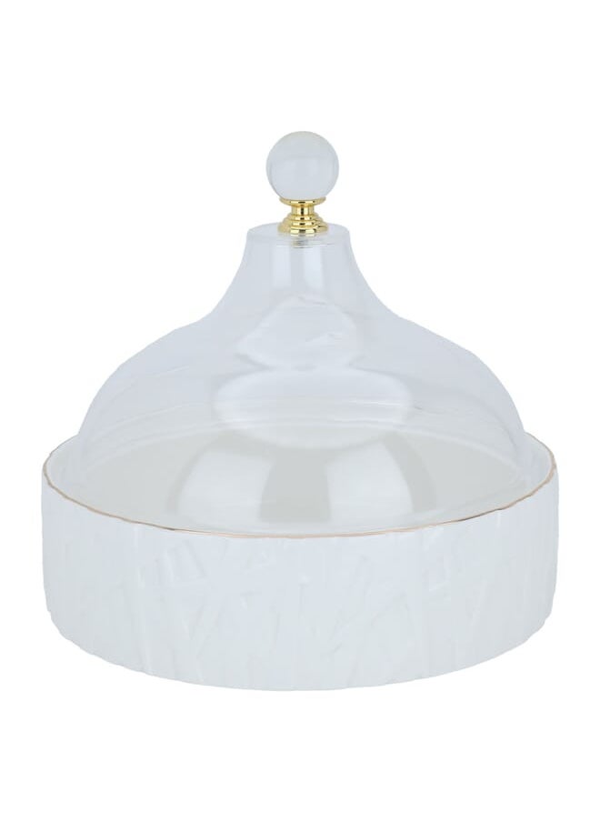 Alsaif Gallery A white porcelain circular dessert dish engraved with a golden script with an acrylic cover  - Image 1