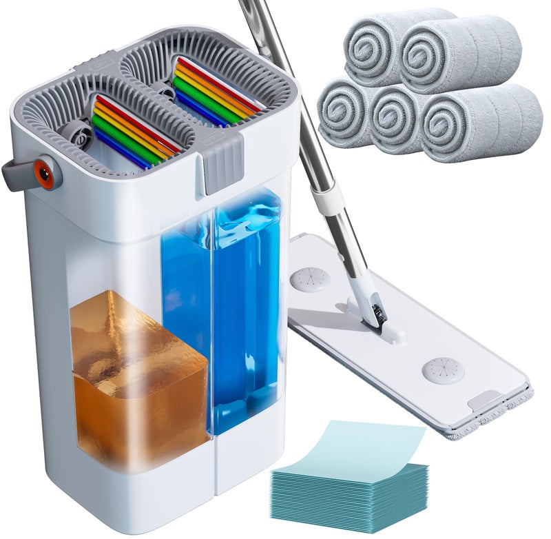 POPMOP Mop and Bucket Set, Flat Mop and Bucket System, Mop Bucket with Wringer, Wall Mop with Adjustable Handle (Max 61 Inches), 5 Washable Microfiber Mop Pads - Image 1