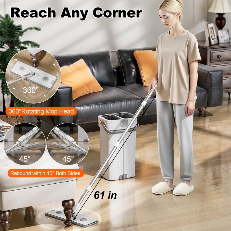 POPMOP Mop and Bucket Set, Flat Mop and Bucket System, Mop Bucket with Wringer, Wall Mop with Adjustable Handle (Max 61 Inches), 5 Washable Microfiber Mop Pads - Image 5