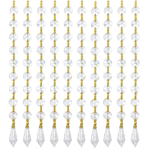 KRISININE 10pcs Hanging Chandelier Crystal Beads Chains Crystal Garland Strands Glass Octagon Beads Lamp Chain for Christmas Wedding Party DecorationGold Pinning - Image 1
