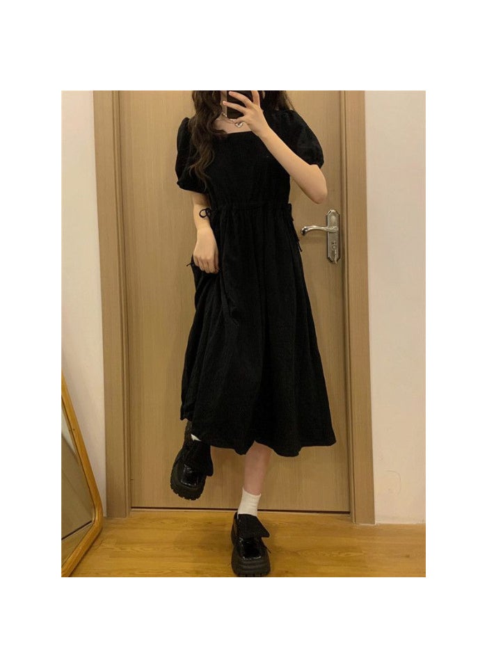 Generic - Sweet preppy style first love white dress elegant square collar slimming dress female student Korean style mid-length A- line skirt 8511 Black Garinari - Image 1