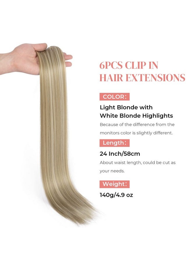 LONAI - Clip In Hair Extensions，Lonai 6Pcs Straight 24" Hair Extensions For Women，Heat Resistant Synthetic Hairpiecelight Blonde With White Blonde Highlights - Image 1