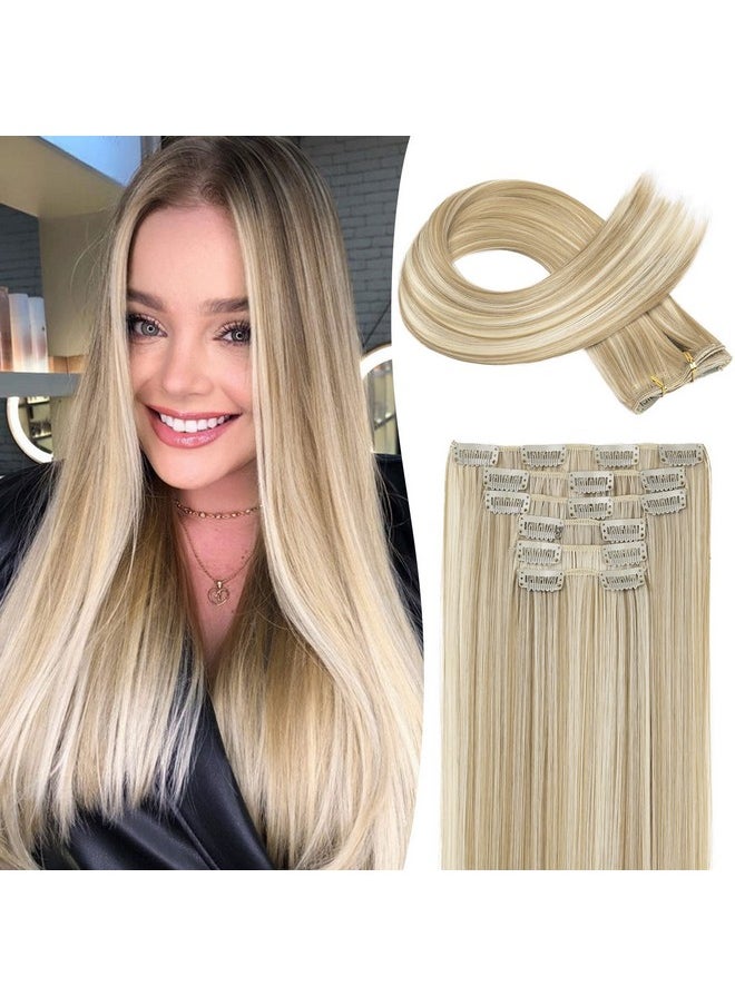 LONAI - Clip In Hair Extensions，Lonai 6Pcs Straight 24" Hair Extensions For Women，Heat Resistant Synthetic Hairpiecelight Blonde With White Blonde Highlights - Image 1