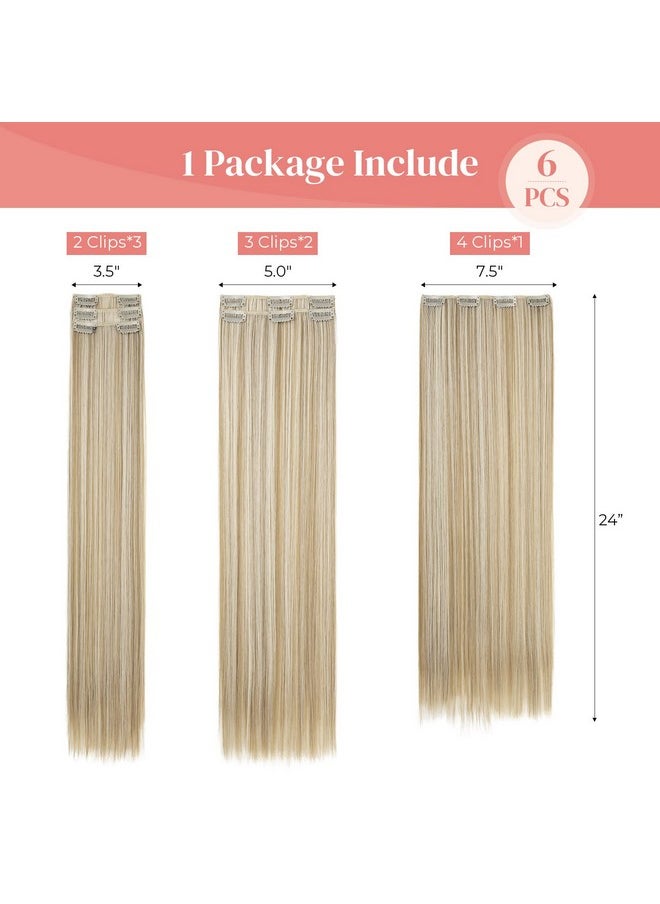 LONAI - Clip In Hair Extensions，Lonai 6Pcs Straight 24" Hair Extensions For Women，Heat Resistant Synthetic Hairpiecelight Blonde With White Blonde Highlights - Image 1