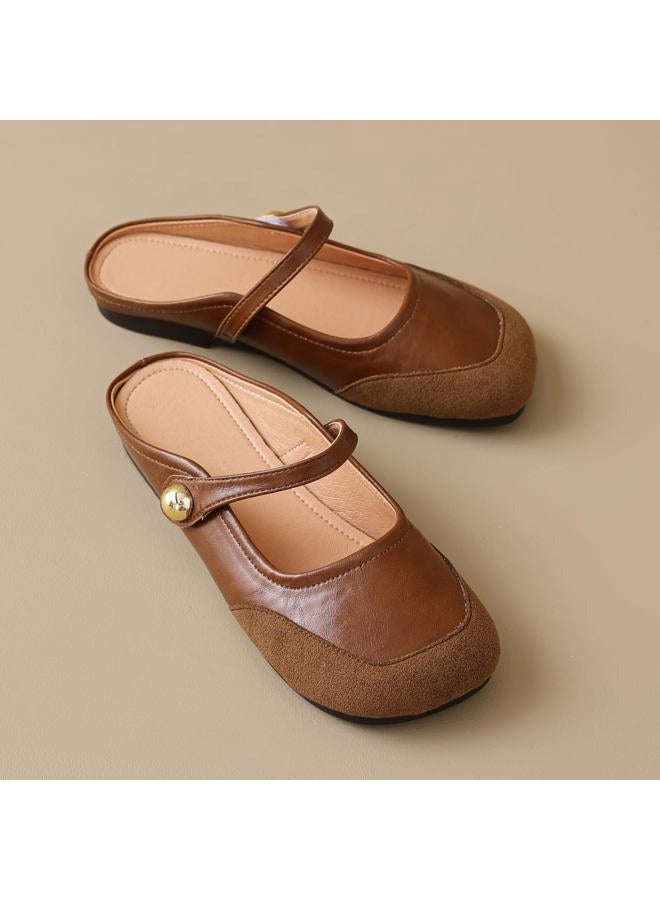 Dear Time Women's Closed Toe Flats Backless Mary Jane Slip on Shoes Comfortable Mules Brown Size 8 - Image 4