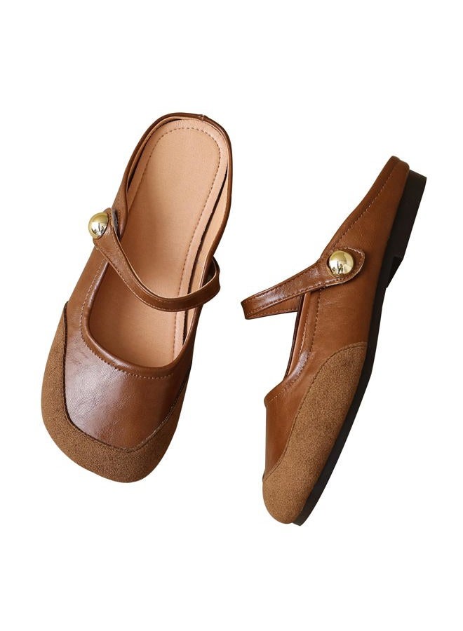 Dear Time Women's Closed Toe Flats Backless Mary Jane Slip on Shoes Comfortable Mules Brown Size 8 - Image 1