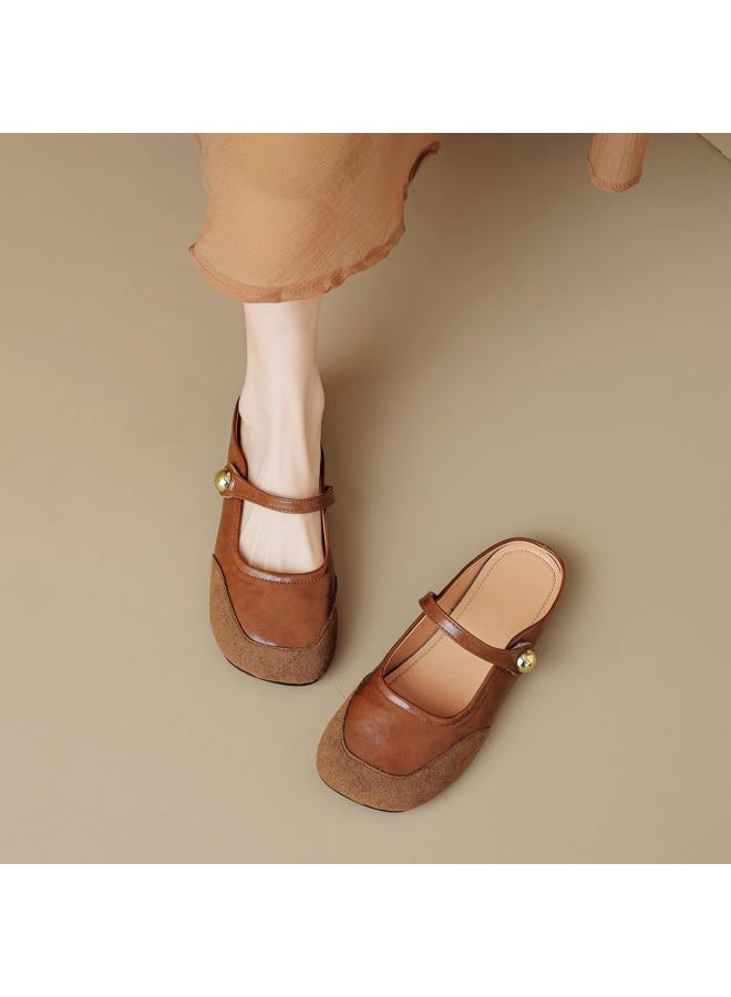 Dear Time Women's Closed Toe Flats Backless Mary Jane Slip on Shoes Comfortable Mules Brown Size 8 - Image 5