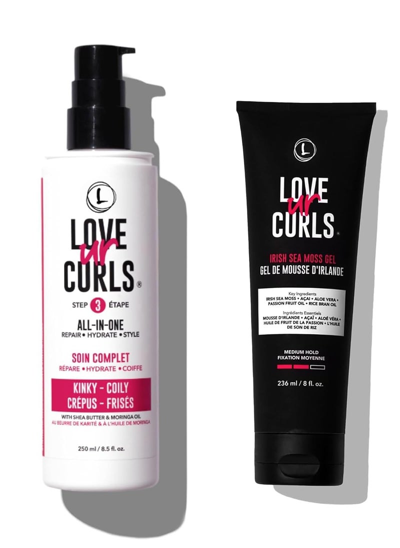 Love Ur Curls - Love Ur Curls All in One Curl Cream Styler for Kinky-Coily Hair and Irish Sea Moss Hair Gel Bundle, Repair, Define, Hydrate & Style with Shea Butter, Medium Hold Hair Styling Gel - Image 1