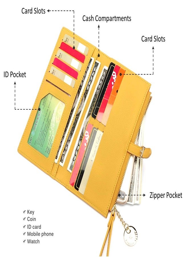 Elios Women Long Soft Leather Wallet Zip Purse Multifunction Organizer Card Holder Clutch with Phone Pocket (Yellow) - Image 3