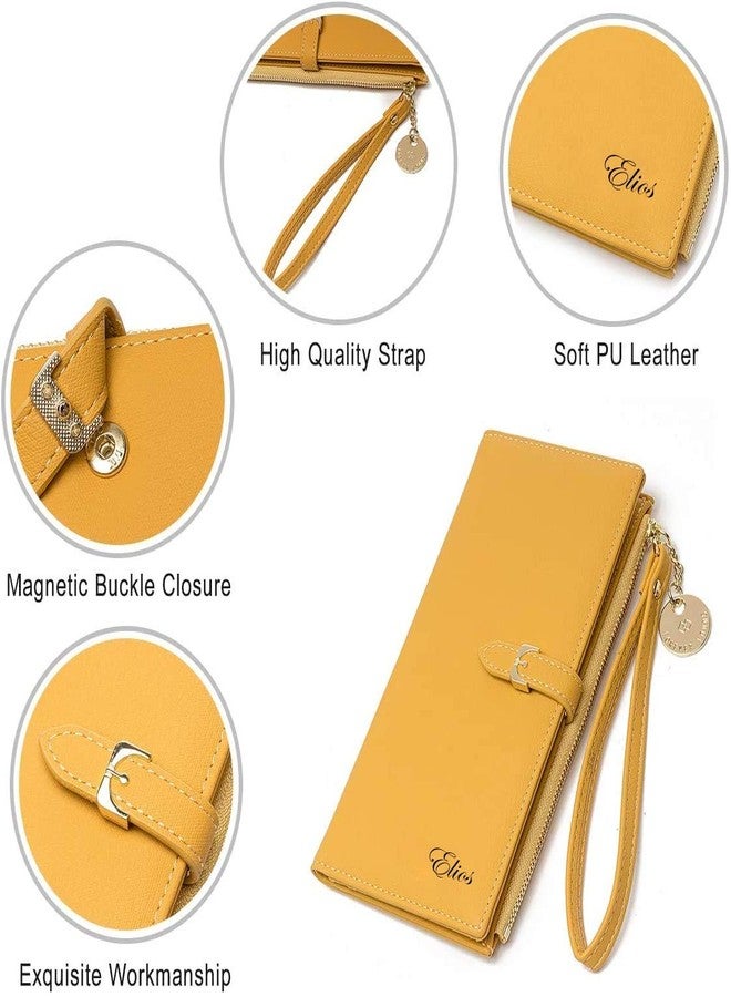 Elios Women Long Soft Leather Wallet Zip Purse Multifunction Organizer Card Holder Clutch with Phone Pocket (Yellow) - Image 5