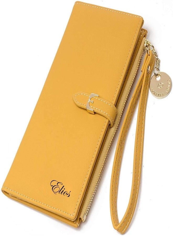 Elios Women Long Soft Leather Wallet Zip Purse Multifunction Organizer Card Holder Clutch with Phone Pocket (Yellow) - Image 1
