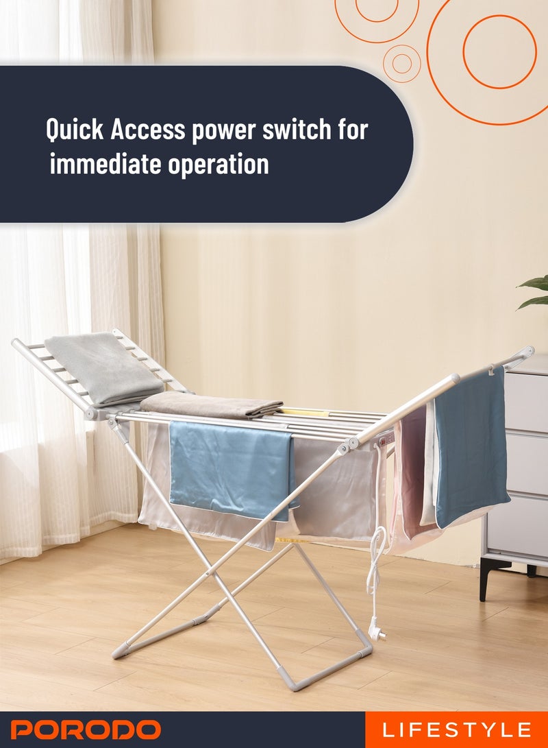porodo 230W Folded Heated Clothes Dryer with 2M Cable BS Plug / 15 KG Load Capacity / 20x Aluminum Heating Tubes / Effortlessly Folds Flat for Simple/ Compact storage / Quick Access Power Switch - Silver  - Image 2
