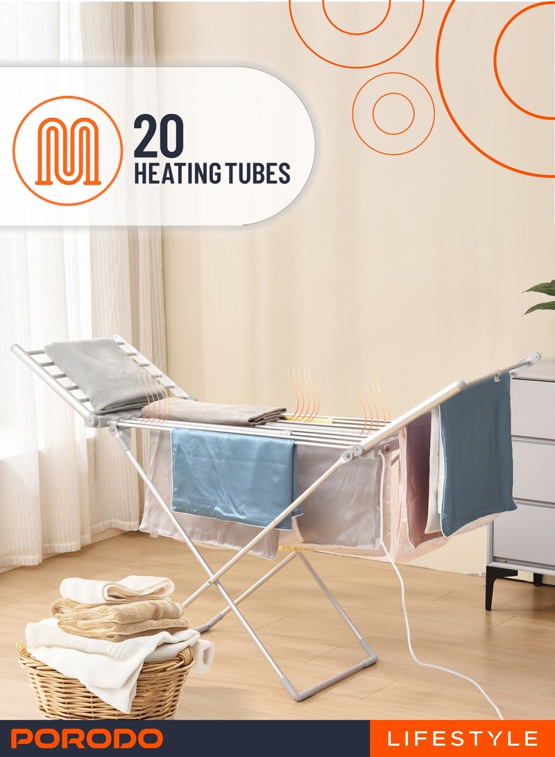 porodo 230W Folded Heated Clothes Dryer with 2M Cable BS Plug / 15 KG Load Capacity / 20x Aluminum Heating Tubes / Effortlessly Folds Flat for Simple/ Compact storage / Quick Access Power Switch - Silver  - Image 3