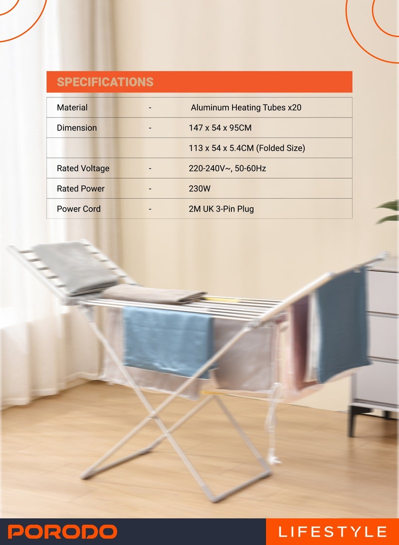 porodo 230W Folded Heated Clothes Dryer with 2M Cable BS Plug / 15 KG Load Capacity / 20x Aluminum Heating Tubes / Effortlessly Folds Flat for Simple/ Compact storage / Quick Access Power Switch - Silver  - Image 5
