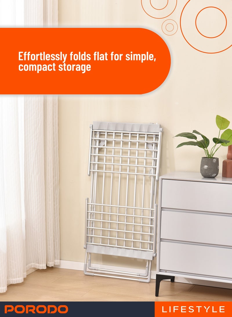 porodo 230W Folded Heated Clothes Dryer with 2M Cable BS Plug / 15 KG Load Capacity / 20x Aluminum Heating Tubes / Effortlessly Folds Flat for Simple/ Compact storage / Quick Access Power Switch - Silver  - Image 4