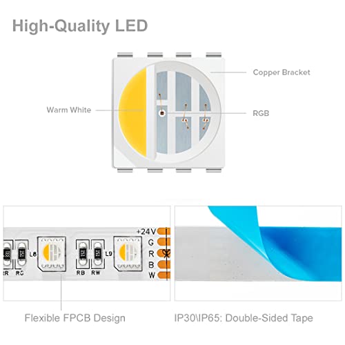 BTF-LIGHTING 5050 RGBW RGB+Warm White(2700K-3000K) 4 Colors in 1 LED Tape Light DC24V 5m 16.4ft 60LED/m Multi-Colored IP30 White 12mm PCB for Bedroom Kitchen Home Decoration(No Adapter or Controller) - Image 4