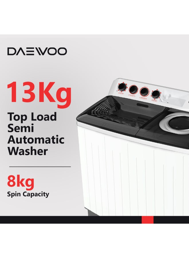 Daewoo 13kg Washer and 8kg Spin, Semi-Automatic washing machine, Wash And Spin Timer, Drain Selector, Water Inlet Selecter Left / Right, Quick Wash, Magic Filter Anti-Rust Body Year Warranty-Korean brand - Image 2