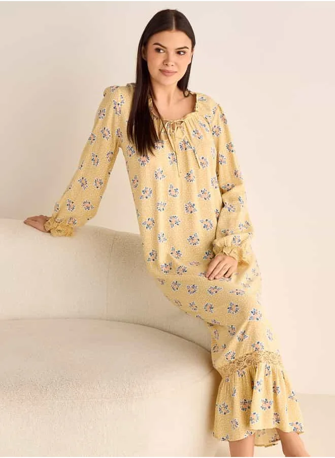 فاف Floral Printed Night Gown with Long Sleeves and Tie-Up Neck
