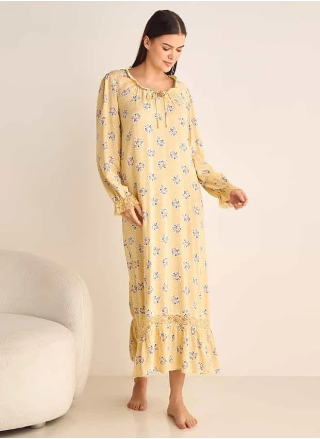 فاف Floral Printed Night Gown with Long Sleeves and Tie-Up Neck