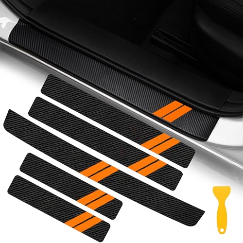 YOSRTER 5PCS Door Sill Guard Decoration Stickers for Dodge Charger Challenger Durango Journey Universal Fit to All Dodge Cars Fiber Leather Door Sill Protector Orange Trim - Image 1