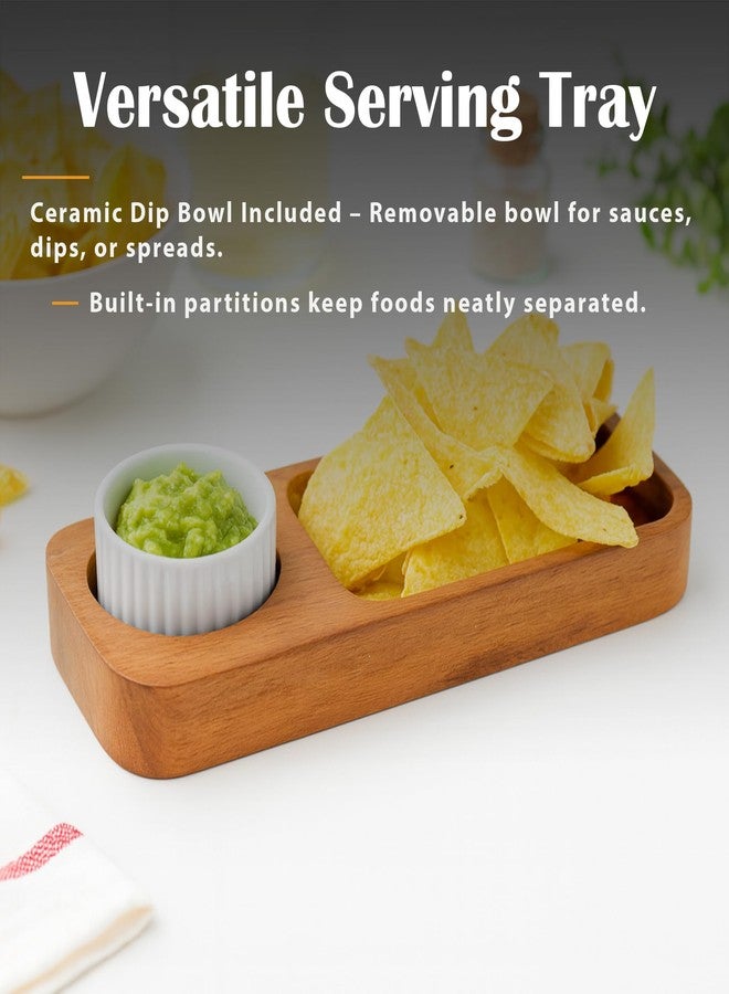 GoCraft Acacia Wood Partition Serving Platter - 12 x 4 Inch - with Ceramic Dip Bowl | Rustic Wooden Snack Tray with Sectioned Compartments for Chips, Nachos, Cheese, Fruits, Appetizer | Natural Finish - Image 4