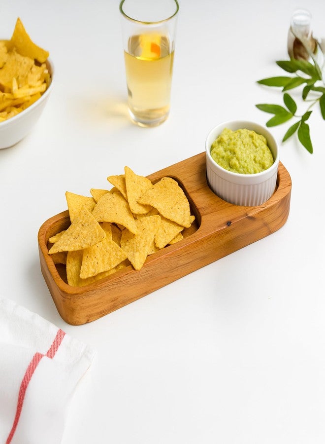 GoCraft Acacia Wood Partition Serving Platter - 12 x 4 Inch - with Ceramic Dip Bowl | Rustic Wooden Snack Tray with Sectioned Compartments for Chips, Nachos, Cheese, Fruits, Appetizer | Natural Finish - Image 2