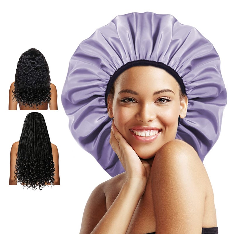 Auban Extra Large Shower Cap DoubleLayer Waterproof Reusable Satin Lining Shower Bonnet for Women Long Hair Braids Locs perms Purple